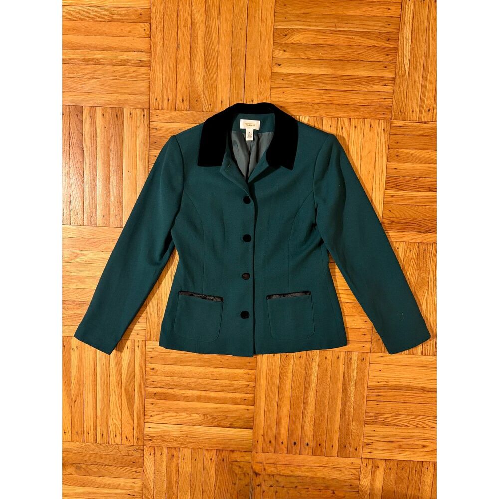 Vintage 1990s Forest Green Tailored Wool Blazer Black Velvet Collar | Talbots S